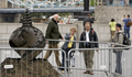 A large drill bit emerging from the ground on the south side of the river near to Tower Bridge.